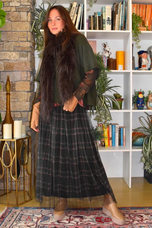 Enid Plaid Tulle Midi Skirt Khaki